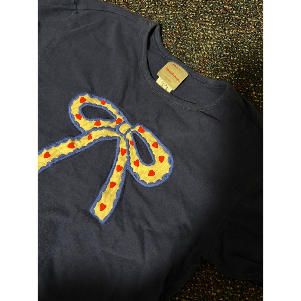 Hanna Andersson Girls Navy Blue Heart Bow Graphic Tee Shirt Size 120 US 6-7